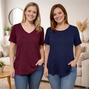 Isaac Mizrahi Live Burgundy & Blue Short Sleeve Shirt Women's Size M Casual